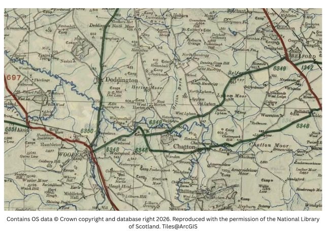 Historic map image of wooler, horton to st cuthberts cave