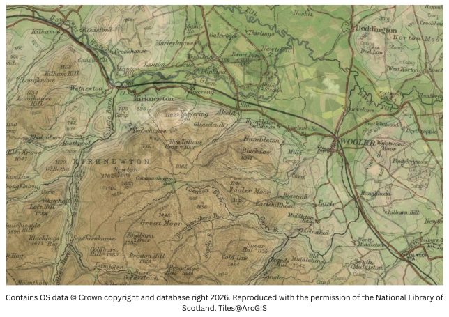 historic map image of hethpool to wooler