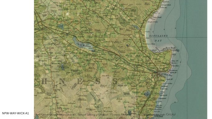 Historic map of Wick showing the town, harbour, roads, railway and surrounding coastline.