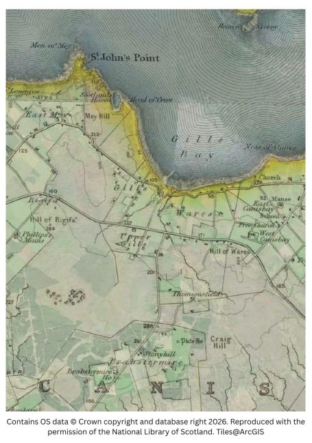 Historic map image of Gills Bay on the northern pilgrimage way