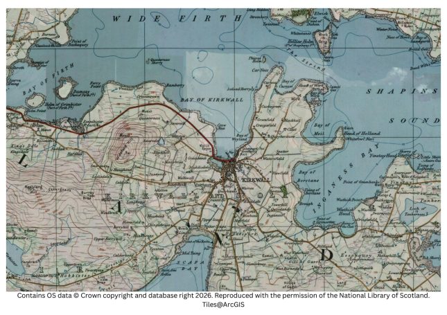 historic map image of kirkwall, st magnus on the northern pilgrimage way