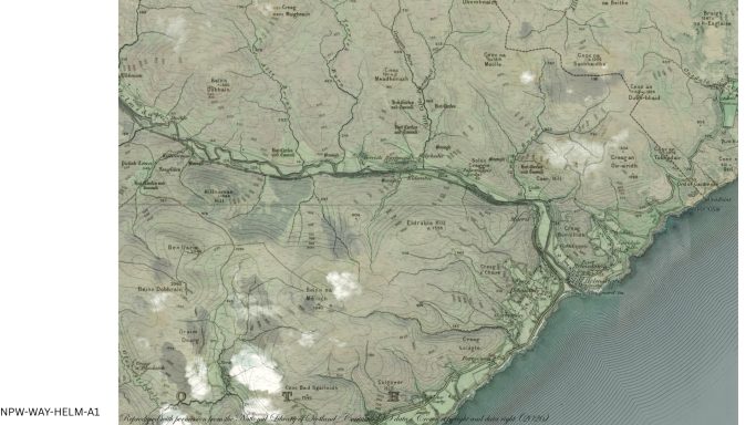 Historic map of Helmsdale showing the town, river, railway, roads, surrounding hills and coastline.