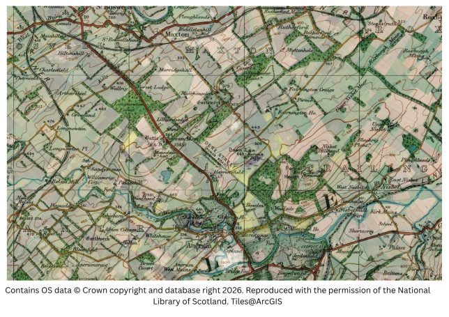 historic map image of st boswells and harestanes