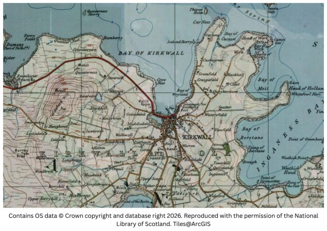 historic map image of kirkwall, st magnus on the northern pilgrimage way 
