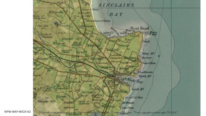 Historic map of Wick showing the town, harbour, roads, railway and surrounding coastline.