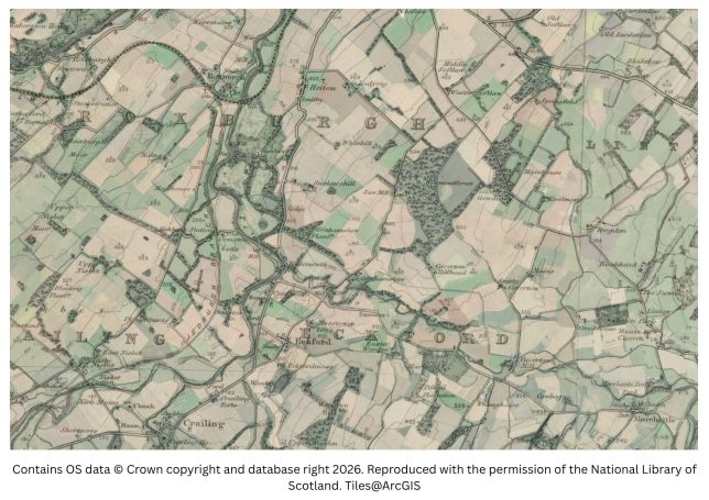 Historic map image of harestanes and morebattle