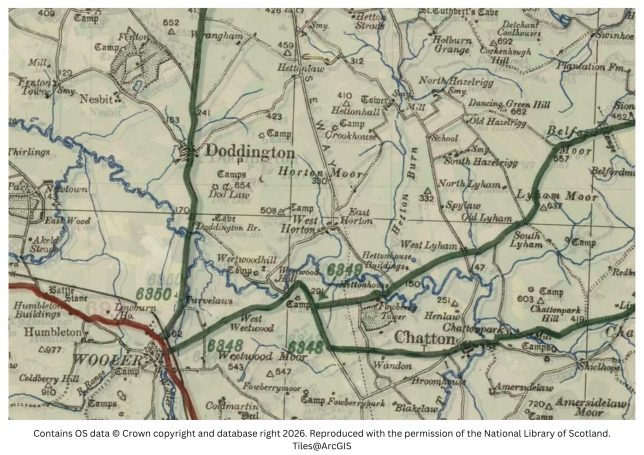 historic map image of wooler, horton and st cuthberts cave