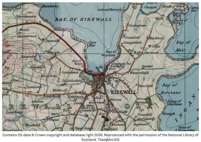 historic map image of Kirkwall, St Magnus on the Northern pilgrimage way
