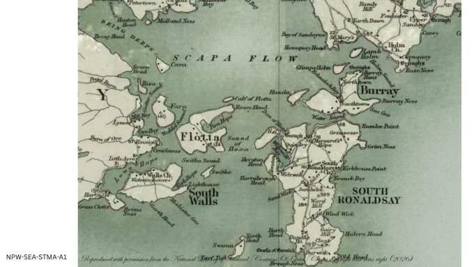 Historic map of St Margaret’s Hope showing South Ronaldsay, surrounding islands, channels and coastline.