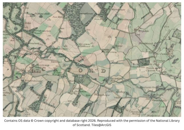 Historic map image of harestanes to morebattle