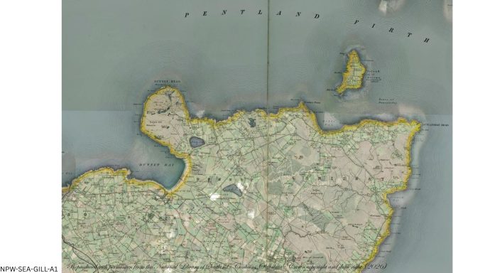 Historic map of Gills Bay showing the coastline, harbour, roads and Pentland Firth crossing.