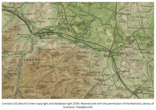 Historic map image of hethpool to wooler