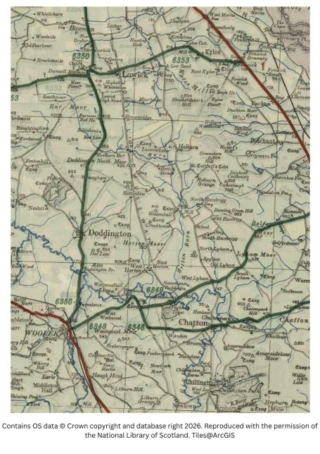 historic map image of wooler, horton and st cuthberts cave