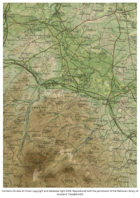 historic map image of hethpool to wooler