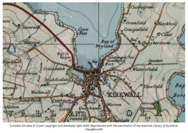 historic map image of Kirkwall, St Magnus on the northern pilgrimage way