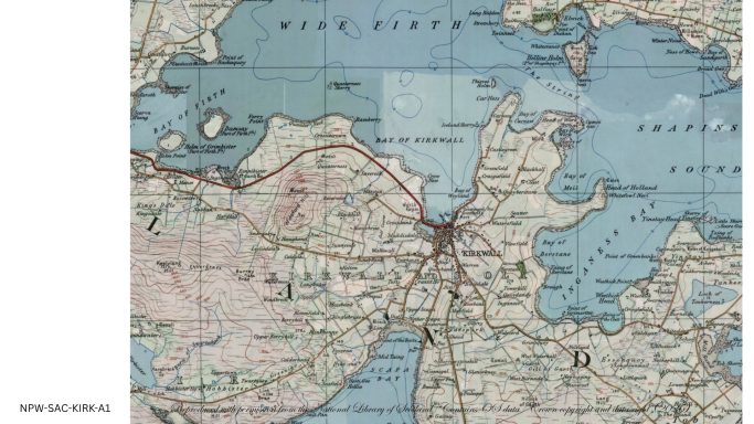 Historic map of Kirkwall showing the town, roads, harbour, surrounding coastline and Bay of Kirkwall.