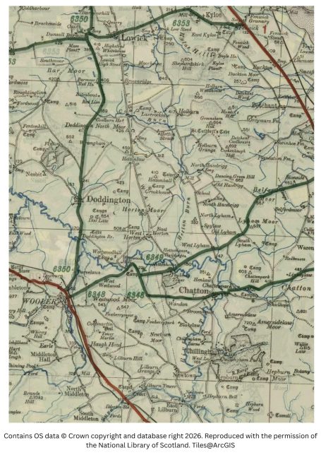 historic map image of wooler, horton and st cuthberts cave