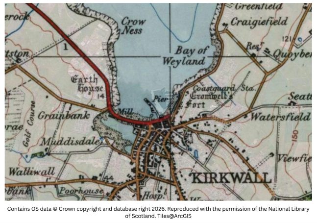 historic map image of Kirkwall, st magnus, on the northern pilgrimage way