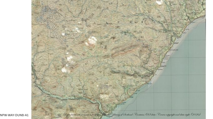 Historic map of Dunbeath showing the village, roads, coastline and surrounding hills.