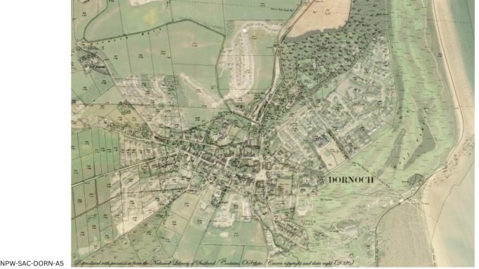 Historic map of Dornoch showing the town, surrounding fields, woodland, roads and coastline.