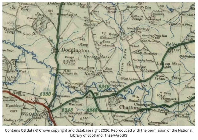 historic map image of wooler, horton and st cuthberts cave