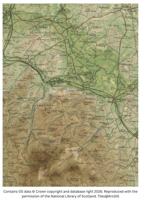 Historic map image of hethpool to wooler
