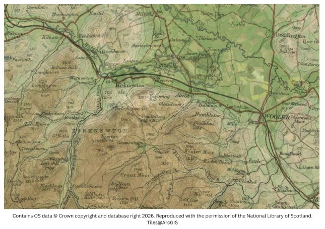 historic map image of hethpool to wooler
