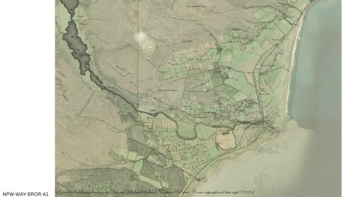 Historic map of Brora showing the town, river, railway, roads and coastline.